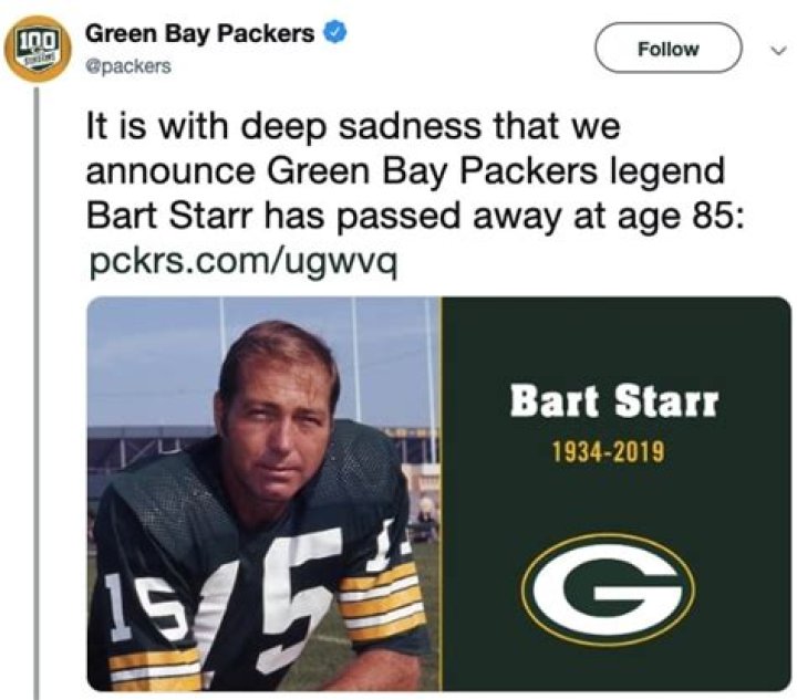 Legendary Packers Quarterback, Bart Starr Dies Aged 85
